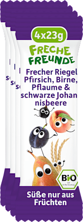 Fruchtriegel mit Getreide Pfirsich, Birne, Pflaume & schwarze Johannisbeere ab 3 Jahren, (4x23 g) Freche Freunde