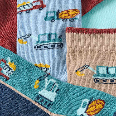 Socken mit Bagger-Muster, blau + rot + braun, Gr. 19/22 PUSBLU