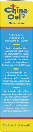 China-Oel, Wirkstoff: Pfefferminzöl 1 ml / ml Flüssigkeit, mit Inhalierstift China Oel
