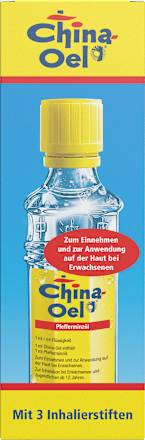 China-Oel, Wirkstoff: Pfefferminzöl 1 ml / ml Flüssigkeit, mit 3 Inhalierstiften China Oel