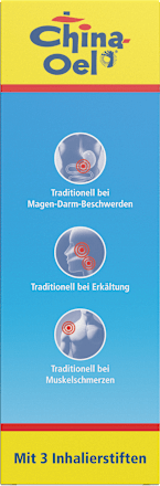 China-Oel, Wirkstoff: Pfefferminzöl 1 ml / ml Flüssigkeit, mit 3 Inhalierstiften China Oel