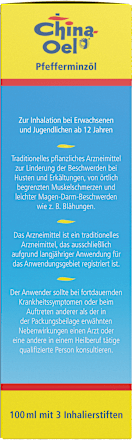 China-Oel, Wirkstoff: Pfefferminzöl 1 ml / ml Flüssigkeit, mit 3 Inhalierstiften China Oel