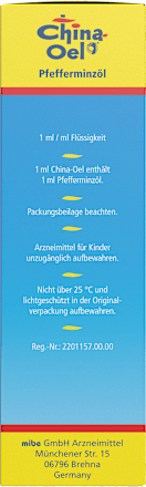China-Oel, Wirkstoff: Pfefferminzöl 1 ml / ml Flüssigkeit, mit 3 Inhalierstiften China Oel