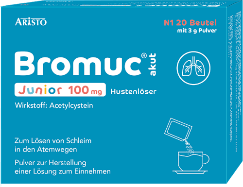 Bromuc akut Junior 100 mg Acetylcystein Hustenlöser Beutel 20 x á 3 g Pulver zur Herstellung einer Lösung zum Einnehmen ARISTO