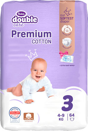 double care Cotton Premium pelene vel. 3, (4 - 9 kg) + vlažne maramice 20 kom. Violeta