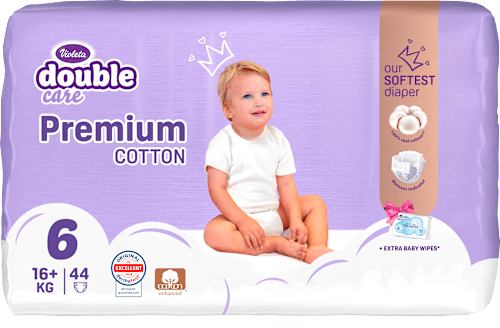 double care Cotton Premium pelene vel. 6 (16+ kg) + vlažne maramice 20 kom. Violeta