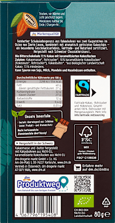 Bio étcsokoládé 72% kakaótartalommal, karamellizált kókuszpehellyel dmBio