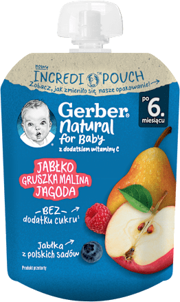Mus owocowy jabłko, gruszka, malina, jagoda, tubka po 6. miesiącu życia Gerber