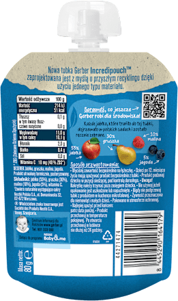 Mus owocowy jabłko, gruszka, malina, jagoda, tubka po 6. miesiącu życia Gerber