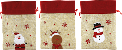 Geschenksack Jute mit rotem Fleece, Weihnachtsmann, Schneemann & Elch Dekorieren & Einrichten
