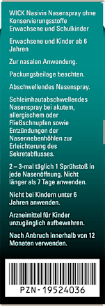 WICK Nasivin 0,5 mg/ml Oxymetazolinhydrochlorid Nasenspray ohne Konservierungsstoffe für Erwachsene und Schulkinder WICK
