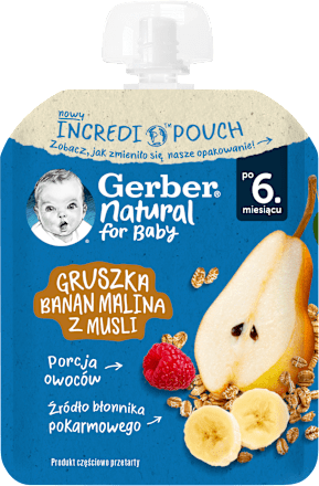 Mus owocowy gruszka, banan, malina, musli po 6. miesiącu Gerber