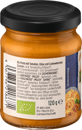 Bio omaka pesto s paradižniki, sirom in indijskimi oreščki dmBio