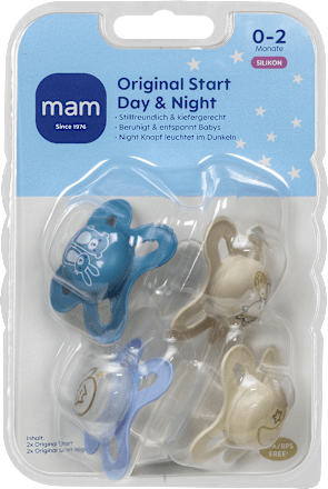 Schnuller Original Start Day & Night Silikon, blau/braun/creme, 0-2 Monate mam