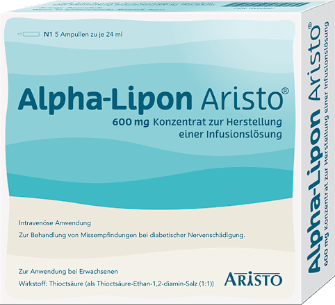 Alpha-Lipon Aristo 600mg Thioctsäure (als Thioctsäure-Ethan-1,2- diamin-Salz (1:1)).Konzentrat 5 Ampullen à 24ml ARISTO