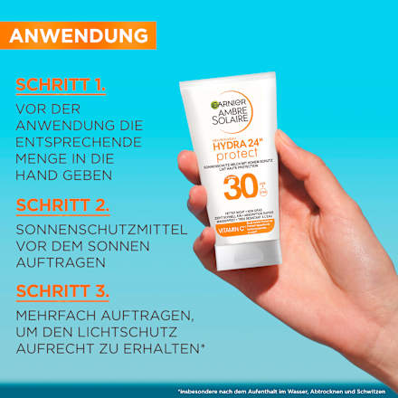 Sonnenmilch Hydra 24h feuchtigkeitsspendend, LSF 30 Reisegröße Garnier Ambre Solaire
