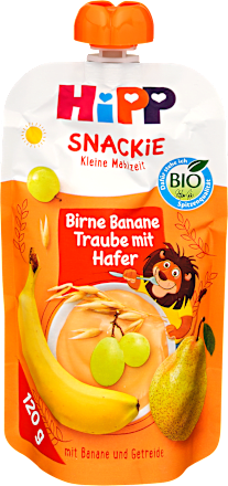 Bio gyümölcspüré, Snackie, körte banán szőlő és zabbal HiPP