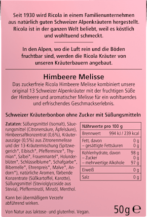 Bonbon, Himbeere Melisse, zuckerfrei, in der Taschenbox Ricola