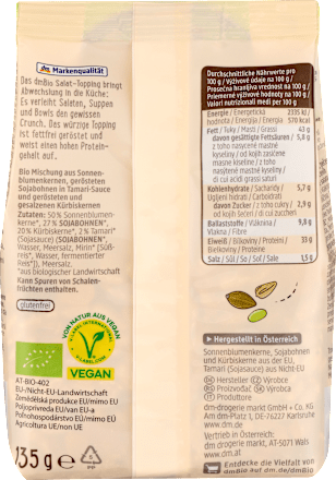 Mešavina semenki suncokreta, pečenih zrna soje u tamari sosu i suvopečenih semenki bundeve za posipanje salata dmBio