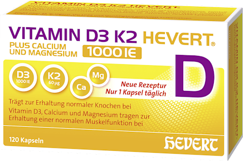 Vitamin D3 K2 Hevert Plus Calcium und Magnesium 1000 IE Kapseln 120 St HEVERT
