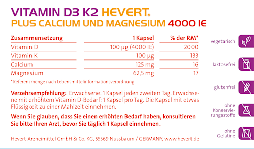 Vitamin D3 K2 Hevert plus Calcium und Magnesium 4000 IE Kapseln 60 St HEVERT