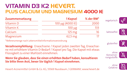 Vitamin D3 K2 Hevert plus Calcium und Magnesium 4000 IE Kapseln 120 St HEVERT