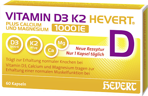 Vitamin D3 K2 Hevert Plus Calcium und Magnesium 1000 IE Kapseln 60 St HEVERT