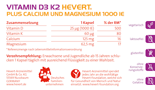 Vitamin D3 K2 Hevert Plus Calcium und Magnesium 1000 IE Kapseln 60 St HEVERT