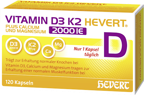 Vitamin D3 K2 Hevert Plus Calcium und Magnesium 2000 IE Kapseln 120 St HEVERT