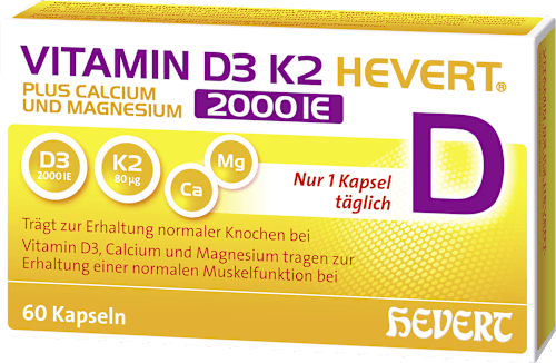 Vitamin D3 K2 Hevert Plus Calcium und Magnesium 2000 IE Kapseln 60 St HEVERT