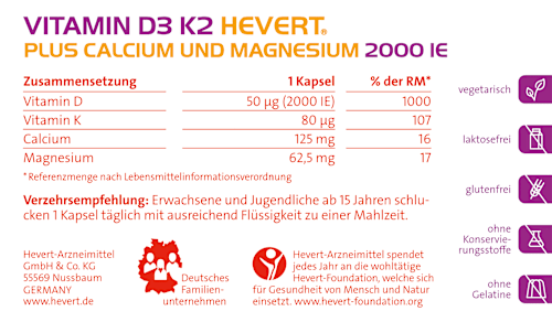 Vitamin D3 K2 Hevert Plus Calcium und Magnesium 2000 IE Kapseln 60 St HEVERT