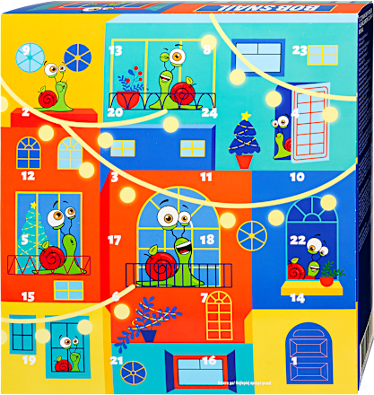 Adventi kalendárium gyümölcs édeségekkel Bob Snail