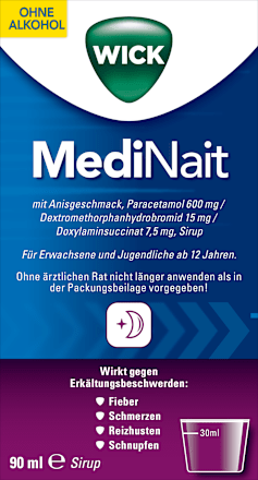 WICK MediNait, Paracetamol 600 mg / Dextromethorphanhydrobromid 15 mg /  Doxylaminsuccinat 7,5 mg, Sirup mit Anisgeschmack WICK