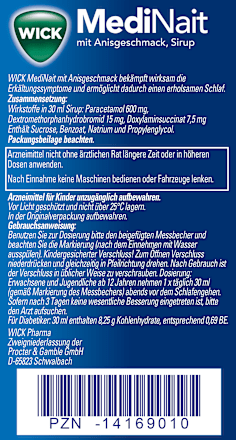 WICK MediNait, Paracetamol 600 mg / Dextromethorphanhydrobromid 15 mg /  Doxylaminsuccinat 7,5 mg, Sirup mit Anisgeschmack WICK
