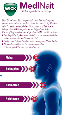 WICK MediNait, Paracetamol 600 mg / Dextromethorphanhydrobromid 15 mg /  Doxylaminsuccinat 7,5 mg, Sirup mit Anisgeschmack WICK