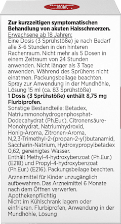 Dobendan Direkt Flurbiprofen Spray 8,75 mg/Dosis Spray zur  Anwendung in der Mundhöhle, Lösung, Honig- und Zitronengeschmack Dobendan Direkt