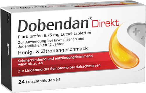 Dobendan Direkt, Wirkstoff: Flurbiprofen 8,75 mg, Lutschtabletten Honig- & Zitronengeschmack Dobendan Direkt
