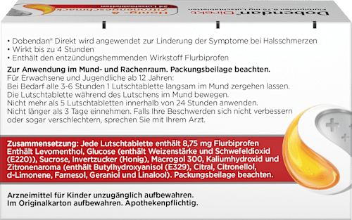 Dobendan Direkt, Wirkstoff: Flurbiprofen 8,75 mg, Lutschtabletten Honig- & Zitronengeschmack Dobendan Direkt