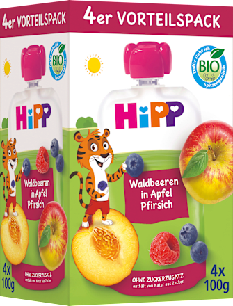 Quetschie Hippis Waldbeeren in Apfel-Pfirsich ab 1 Jahr (4x100 g) HiPP