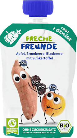 Quetschie Apfel, Brombeere, Blaubeere mit Süßkartoffel ab dem 6. Monat Freche Freunde