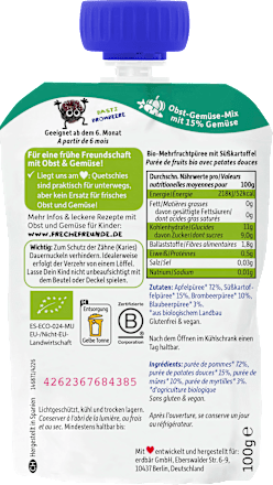 Quetschie Apfel, Brombeere, Blaubeere mit Süßkartoffel ab dem 6. Monat Freche Freunde