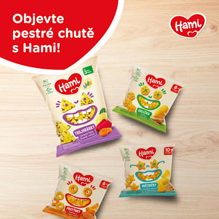 trojhránky s příchutí červená řepa, špenát a mrkev Hami