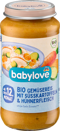 Био пюре от зеленчуци, ориз, сладък картоф и пиле, 12+м babylove