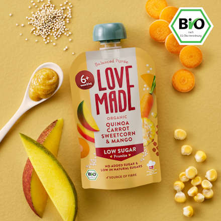Quetschie Karotte, Mais, Mango und Quinoa, ab 6 Monaten LoveMade Organics