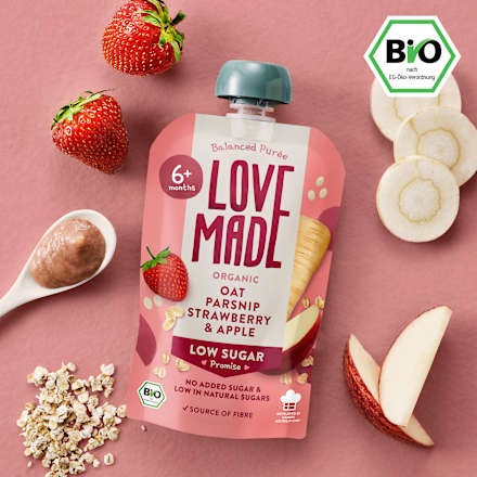 Quetschie Haferbrei, Pastinake, Erdbeere und Apfel, ab 6 Monaten LoveMade Organics