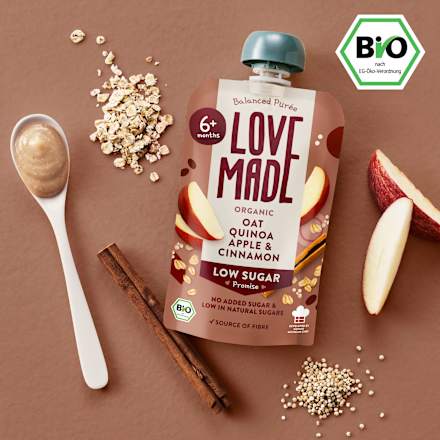 Quetschie Haferbrei, Apfel, Pastinake, Quinoa und Zimt, ab 6 Monaten LoveMade Organics