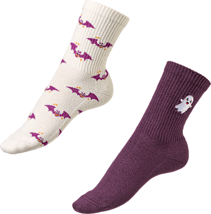 Crew Socken mit Geist- + Fledermaus-Motiv weiß + lila Gr. 35-38 Fascino