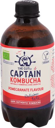 Bio jemne perlivý fermentovaný nápoj zo zeleného čaju Pomegranate THE GUTSY CAPTAIN company