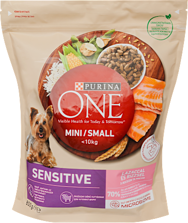 Száraz kutyaeledel Sensitive kistestű felnőtt kutyáknak, lazaccal és rizzsel PURINA ONE