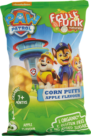 BIO kukuričné chrumky Paw Patrol s jablkovou príchuťou Fruitfunk